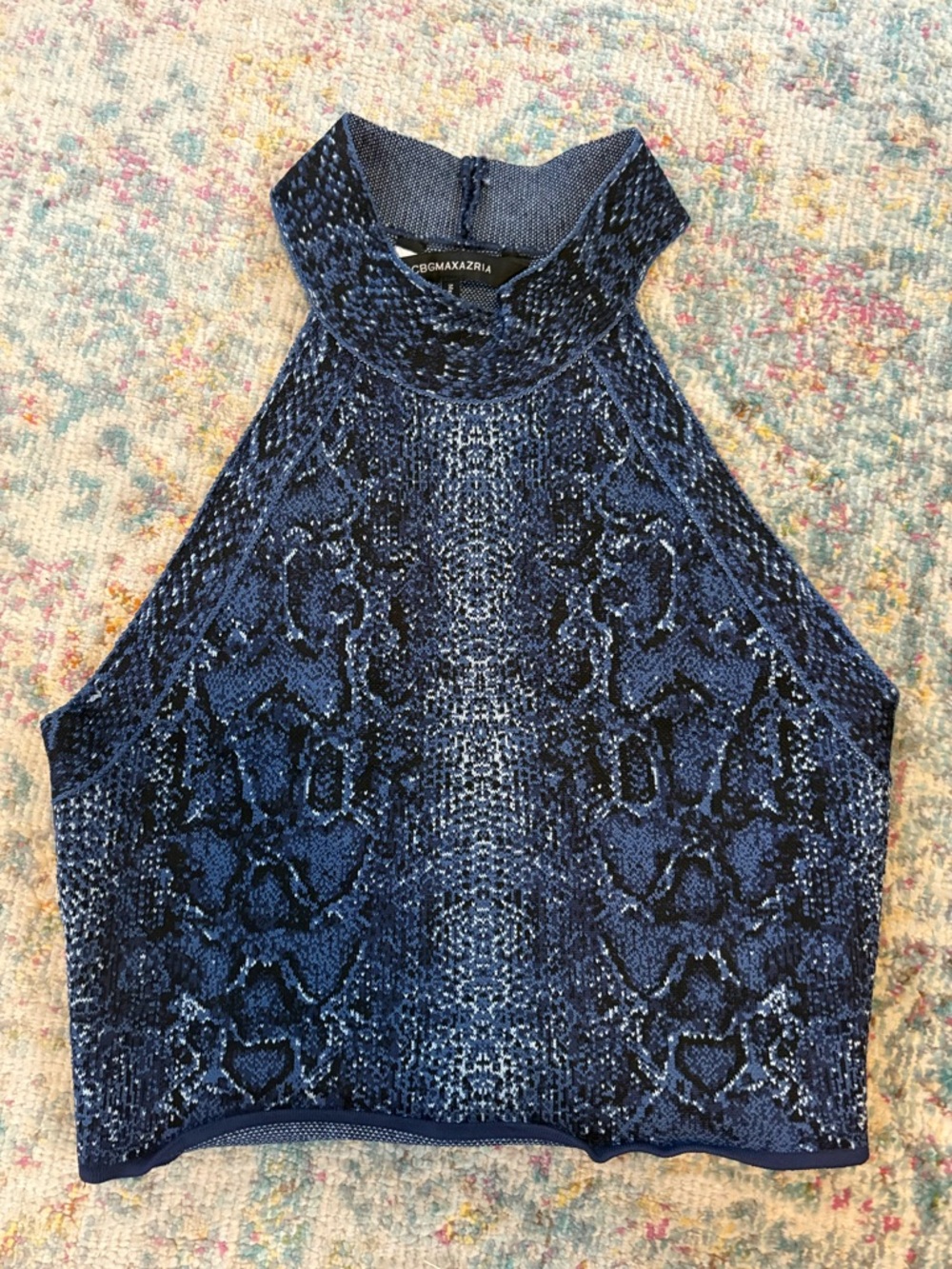 BCBGMaxAzria Navy Snake-Print Halter Crop Top